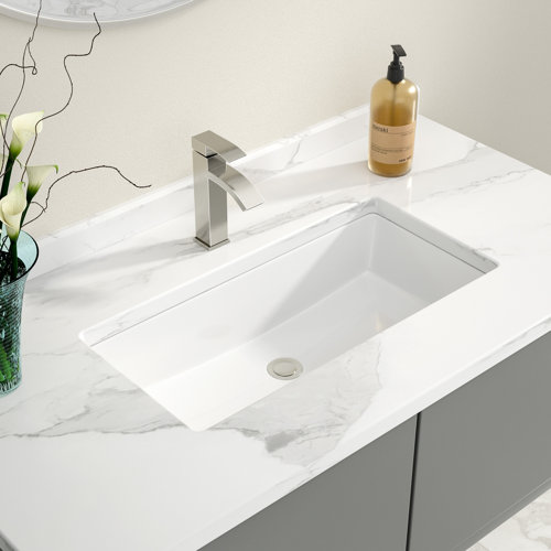 Logmey 14'' White Ceramic Rectangular Undermount Bathroom Sink With Overflow 